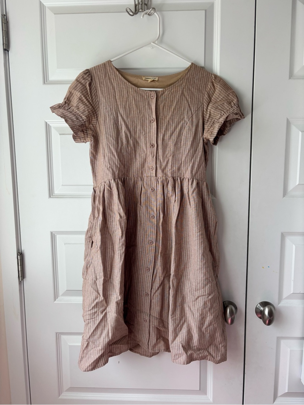 Striped Button-Front Midi Dress in Beige-Tan